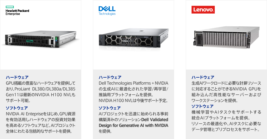 HPE / DELL Technologies / Lenovo ハードウェア・ソフトウェアの特長